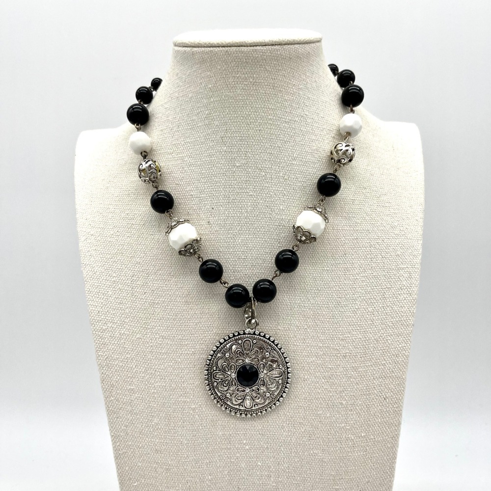 Beaded Statement Necklace Black White Silver Pendant Fashionβ Jewelry
